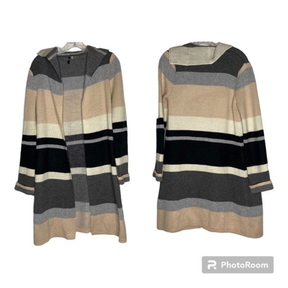 Milano Black Gray Tan White Striped Color Block Open Front Sweater Duster M